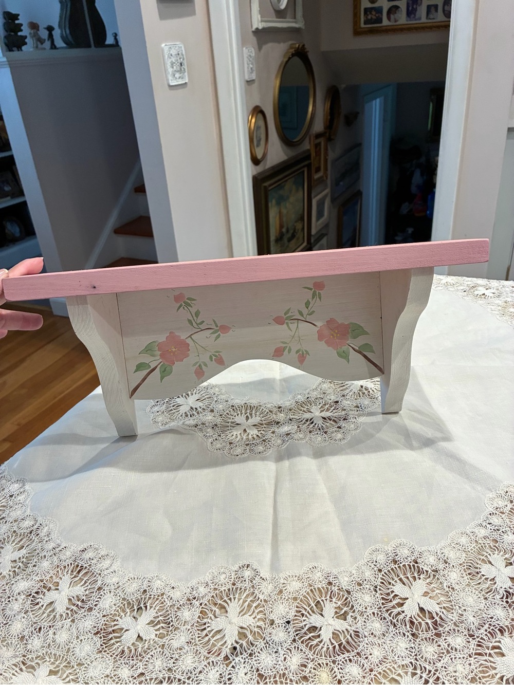 Hand-Painted Pink and White Floral Wood Shelf